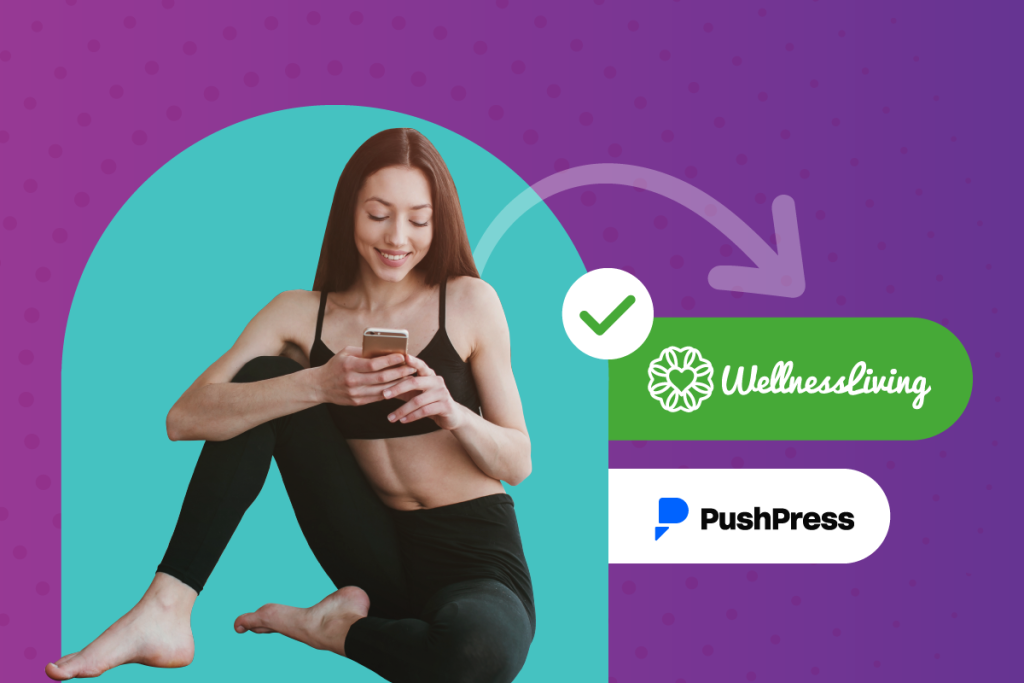 PushPress clients, fitness woman with her phone